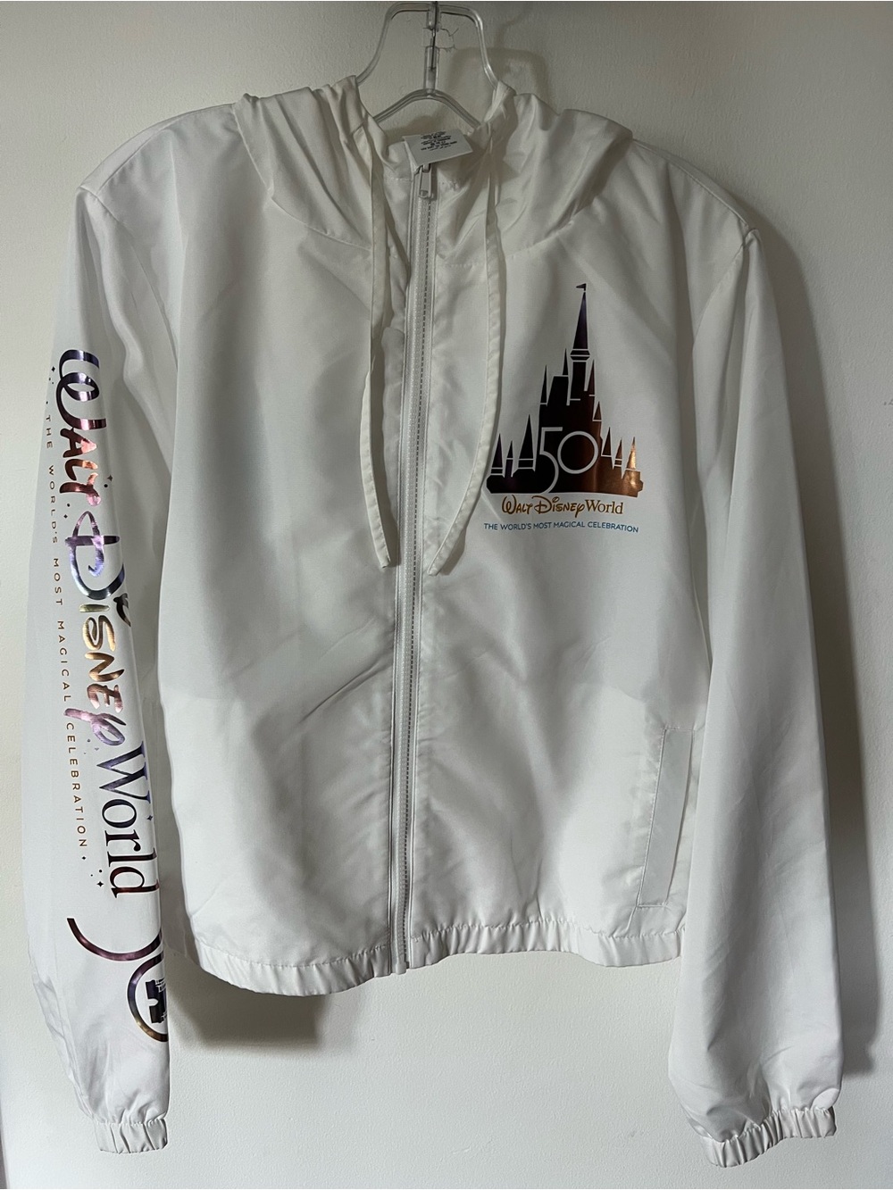 Walt Disney World 50th Anniversary White Rosegold Lightweight Zip Jacket Large